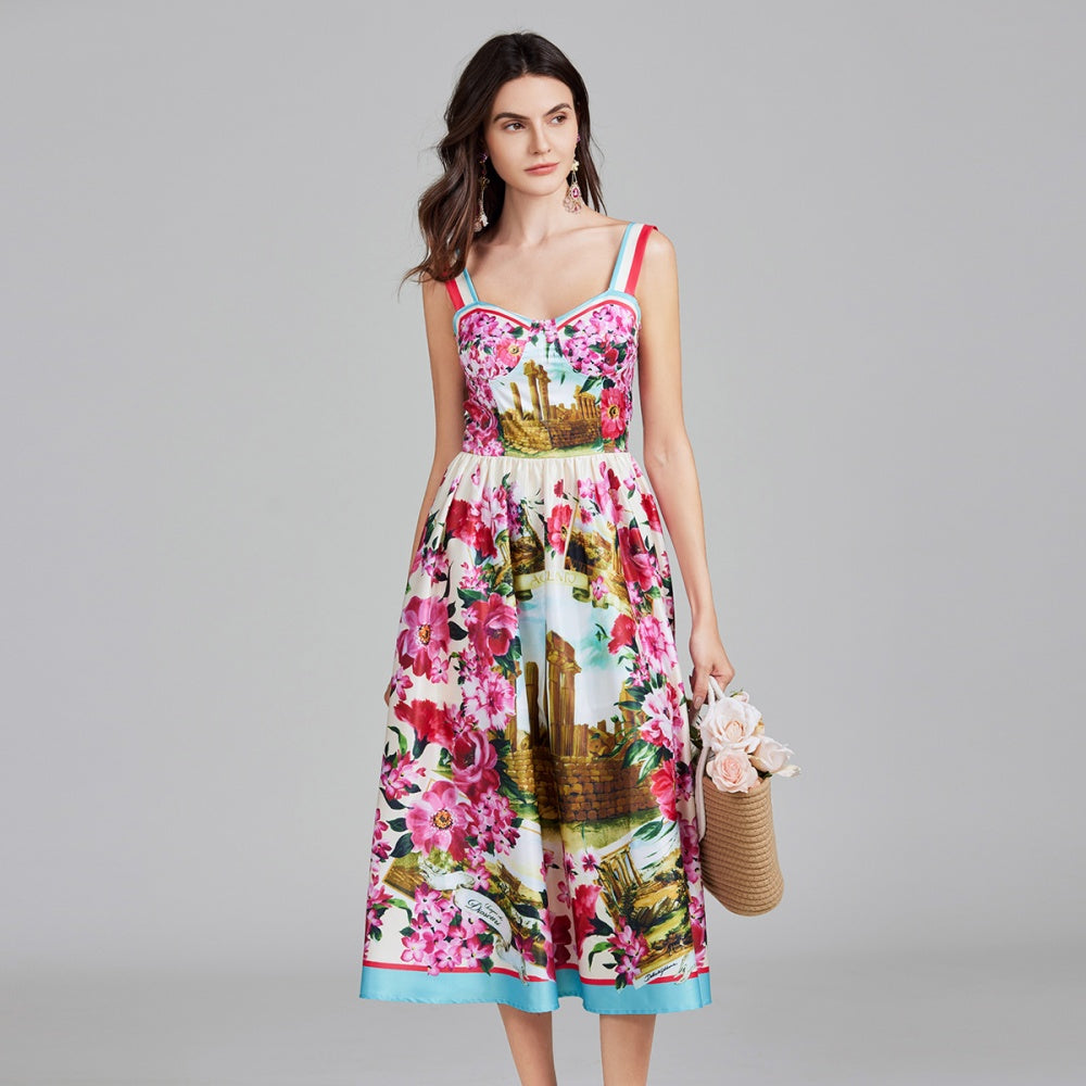 CM-DY026294 Women Elegant European Style Floral Print Sleeveless Elastic Wrapped High Waist Dress