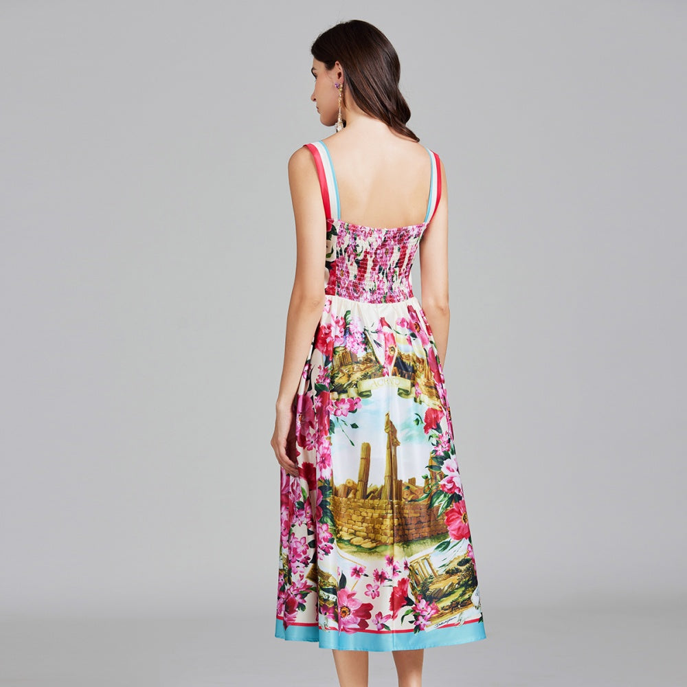 CM-DY026294 Women Elegant European Style Floral Print Sleeveless Elastic Wrapped High Waist Dress