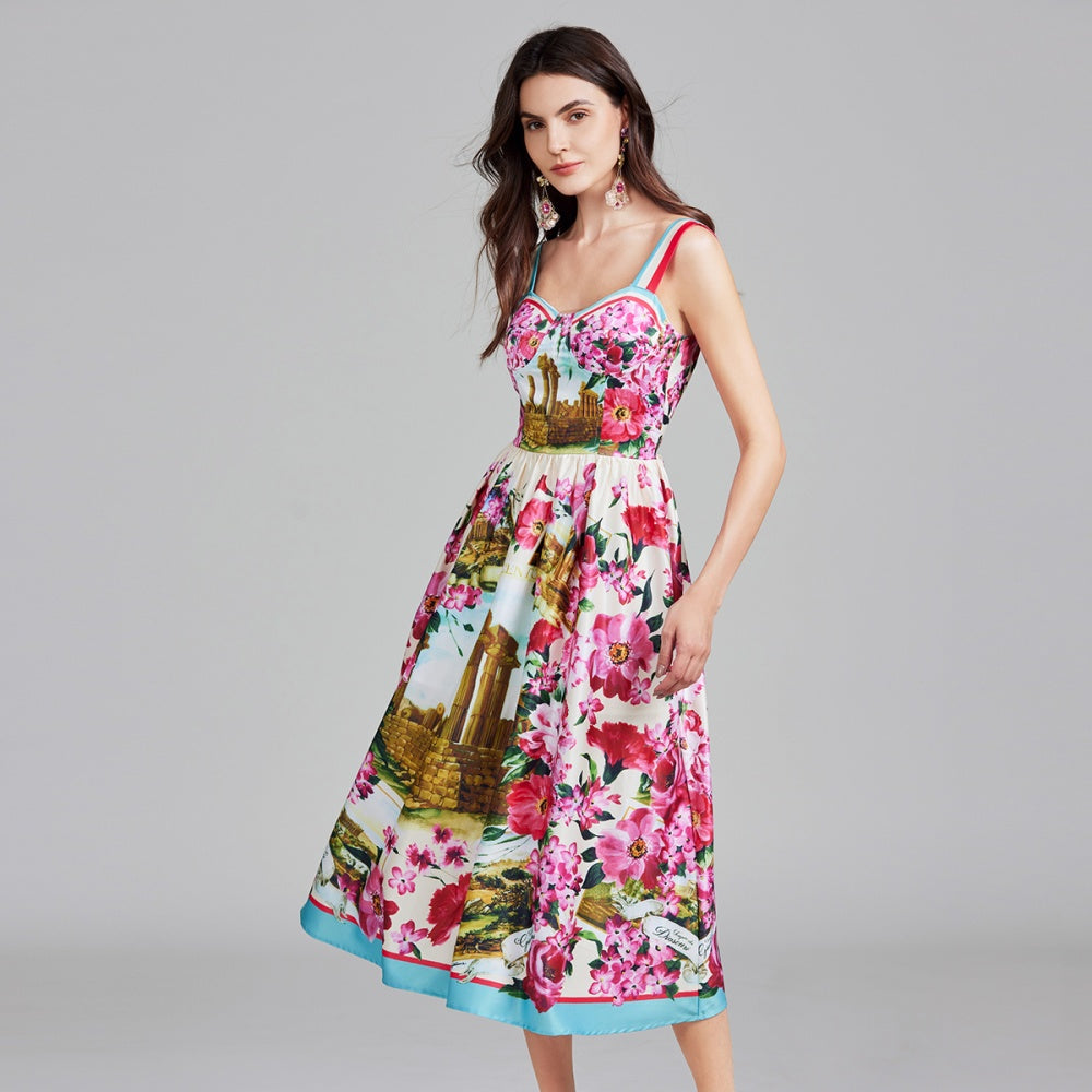 CM-DY026294 Women Elegant European Style Floral Print Sleeveless Elastic Wrapped High Waist Dress