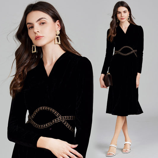 CM-DY026296 Women Elegant Seoul Style V-Neck Long Sleeve Velvet Chain Midi Dress - Black