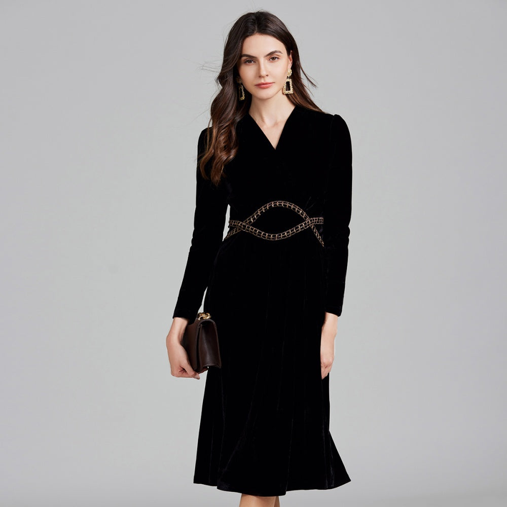 CM-DY026296 Women Elegant Seoul Style V-Neck Long Sleeve Velvet Chain Midi Dress - Black