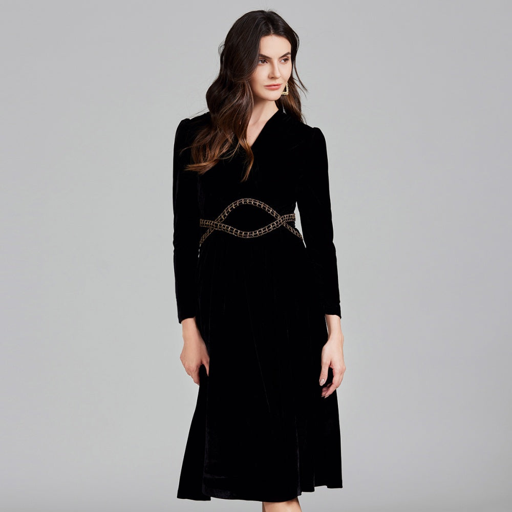 CM-DY026296 Women Elegant Seoul Style V-Neck Long Sleeve Velvet Chain Midi Dress - Black