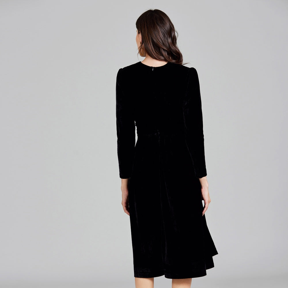 CM-DY026296 Women Elegant Seoul Style V-Neck Long Sleeve Velvet Chain Midi Dress - Black