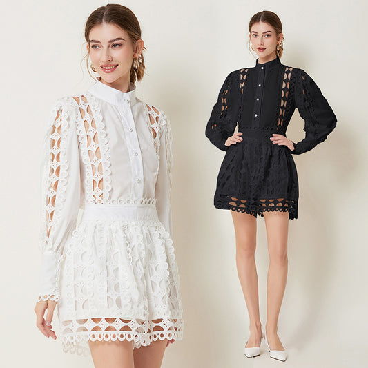 CM-SY026365 Women Elegant European Style Hollow Out Long Sleeve Top With High Waist Shorts - Set (Available in 2 colors)