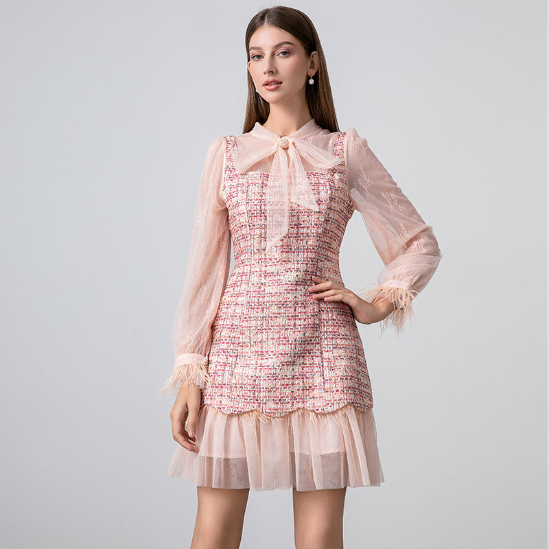 CM-DY026396 Women Elegant European Style Big Bow Long Sleeve Lace Ruffle Mini Dress