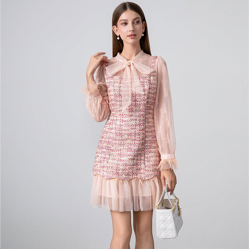 CM-DY026396 Women Elegant European Style Big Bow Long Sleeve Lace Ruffle Mini Dress