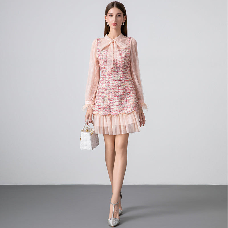 CM-DY026396 Women Elegant European Style Big Bow Long Sleeve Lace Ruffle Mini Dress