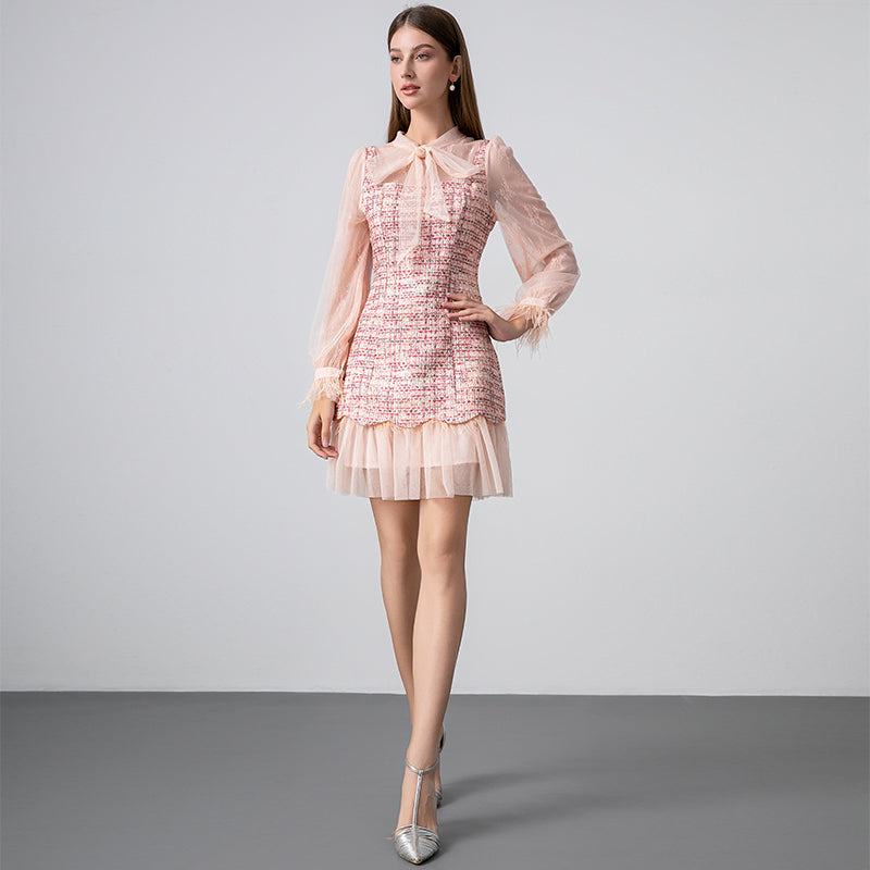 CM-DY026396 Women Elegant European Style Big Bow Long Sleeve Lace Ruffle Mini Dress