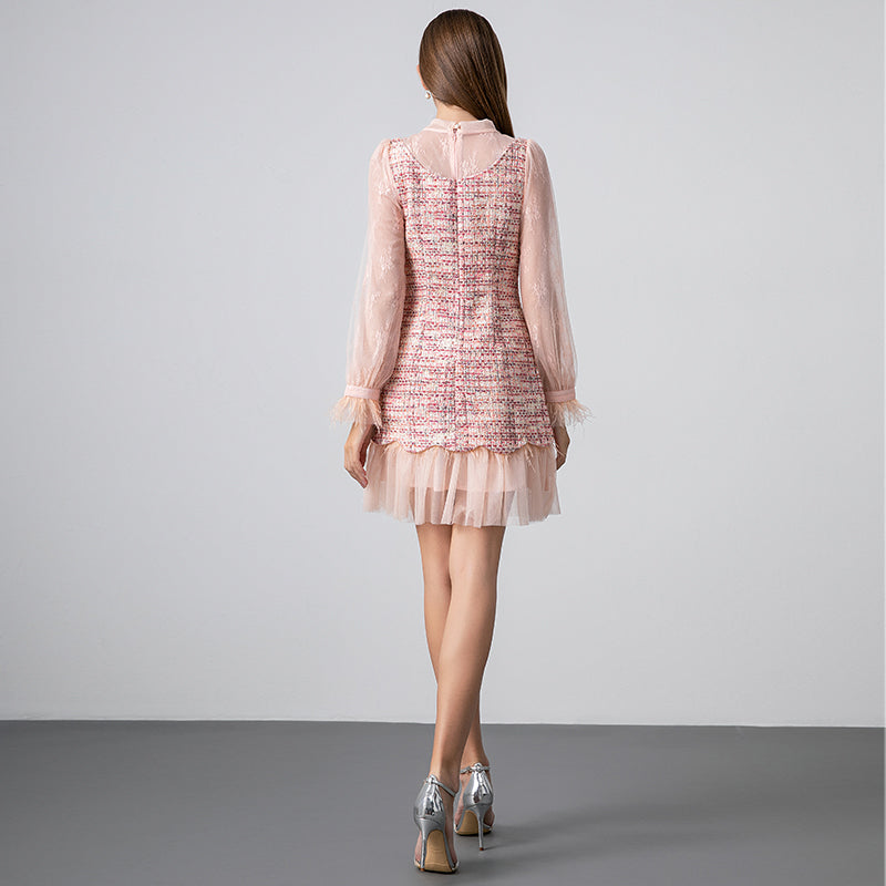 CM-DY026396 Women Elegant European Style Big Bow Long Sleeve Lace Ruffle Mini Dress