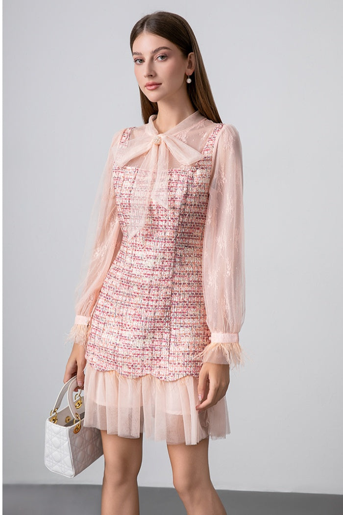 CM-DY026396 Women Elegant European Style Big Bow Long Sleeve Lace Ruffle Mini Dress