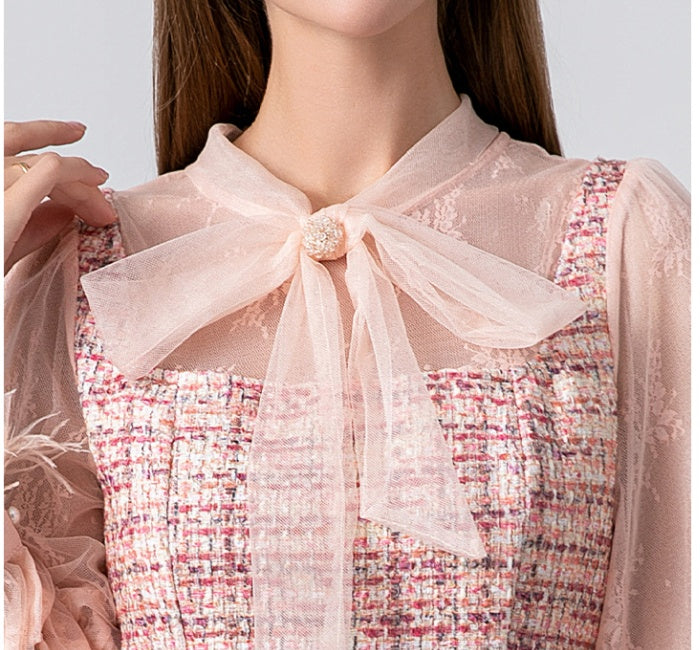 CM-DY026396 Women Elegant European Style Big Bow Long Sleeve Lace Ruffle Mini Dress