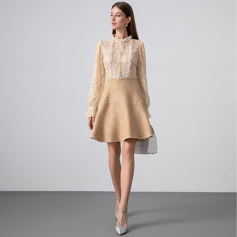 CM-DY026397 Women Elegant European Style Stand Collar Long Sleeve Pseudo-Two Mini Dress - Apricot