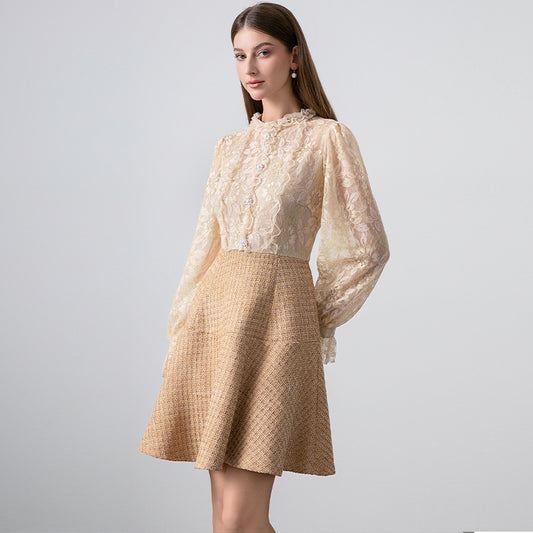CM-DY026397 Women Elegant European Style Stand Collar Long Sleeve Pseudo-Two Mini Dress - Apricot