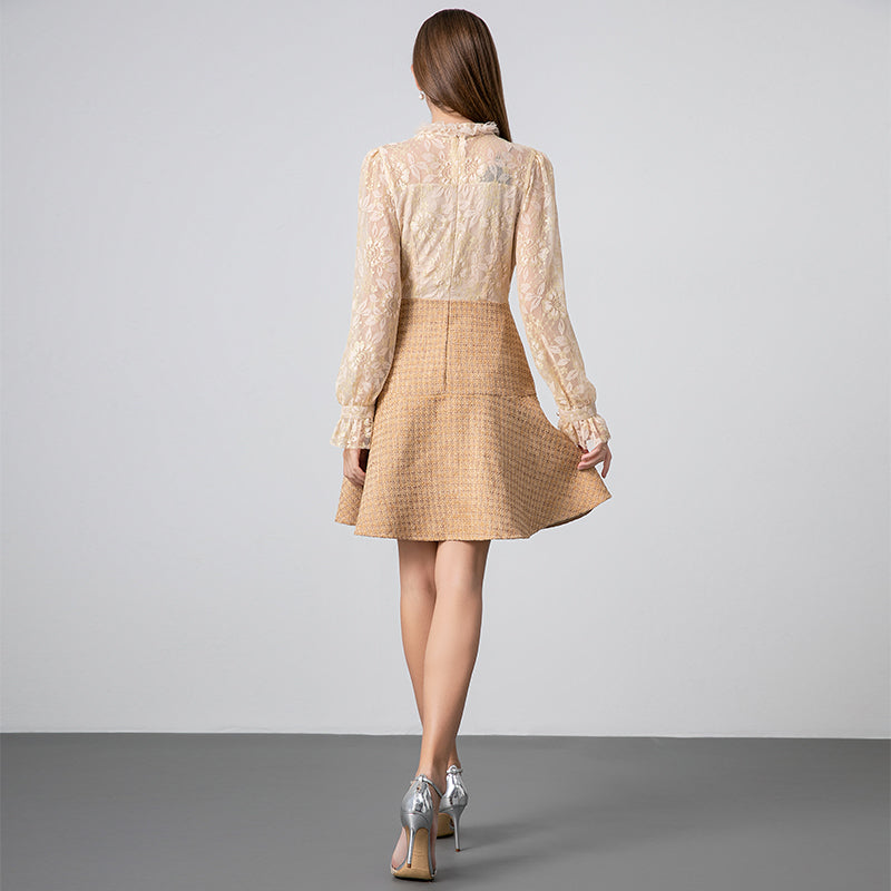 CM-DY026397 Women Elegant European Style Stand Collar Long Sleeve Pseudo-Two Mini Dress - Apricot