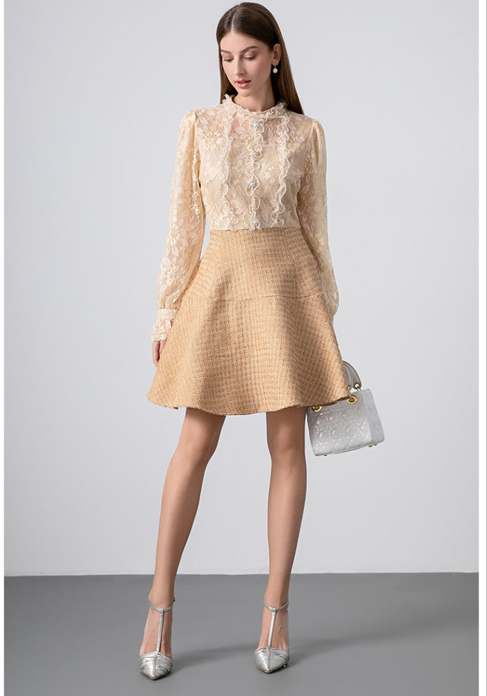CM-DY026397 Women Elegant European Style Stand Collar Long Sleeve Pseudo-Two Mini Dress - Apricot