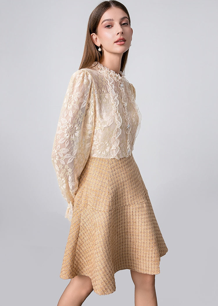 CM-DY026397 Women Elegant European Style Stand Collar Long Sleeve Pseudo-Two Mini Dress - Apricot