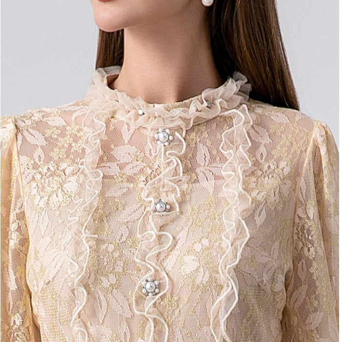 CM-DY026397 Women Elegant European Style Stand Collar Long Sleeve Pseudo-Two Mini Dress - Apricot