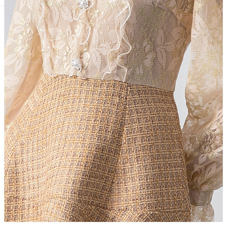 CM-DY026397 Women Elegant European Style Stand Collar Long Sleeve Pseudo-Two Mini Dress - Apricot