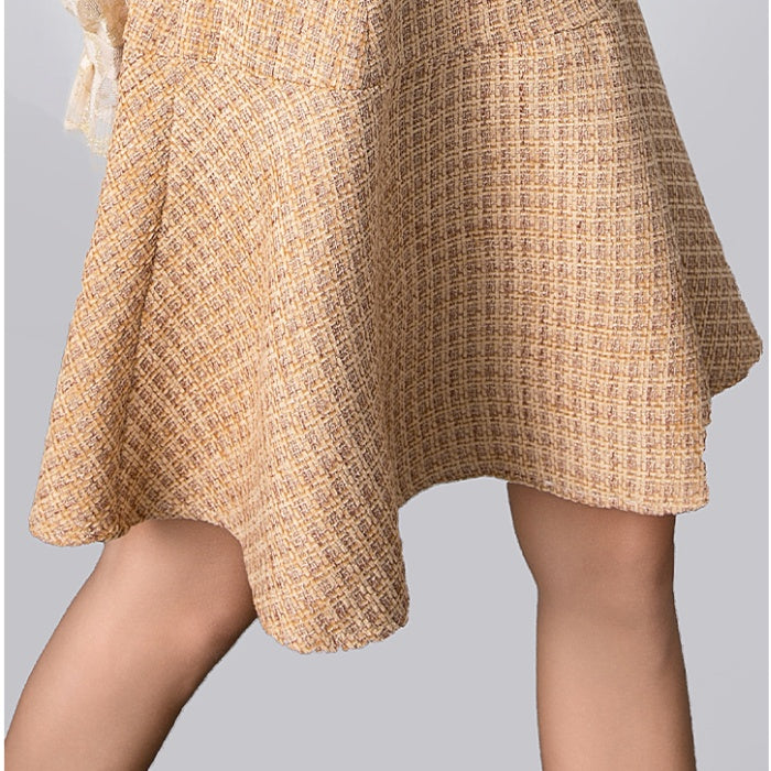 CM-DY026397 Women Elegant European Style Stand Collar Long Sleeve Pseudo-Two Mini Dress - Apricot
