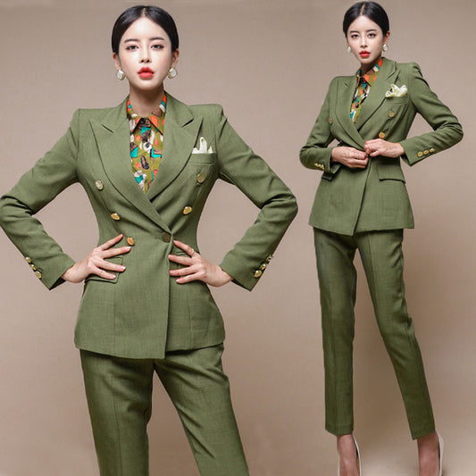 CM-SY026605 Women Elegant Seoul Style Lapel Neckline Double Breasted Long Sleeve Blazer With Suit Pants - Set
