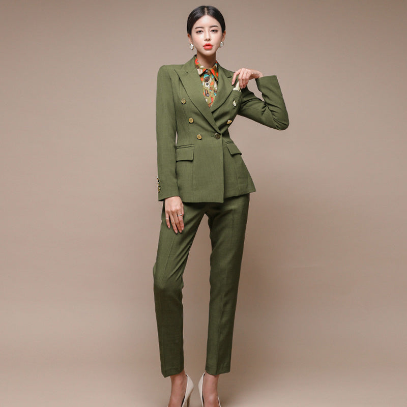 CM-SY026605 Women Elegant Seoul Style Lapel Neckline Double Breasted Long Sleeve Blazer With Suit Pants - Set