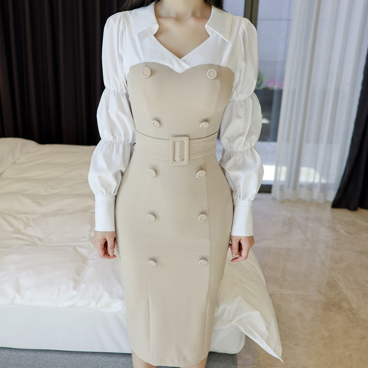 CM-DY027155 Women Casual Seoul Style Collar Neckline Long Sleeve Double Breated Midi Dress