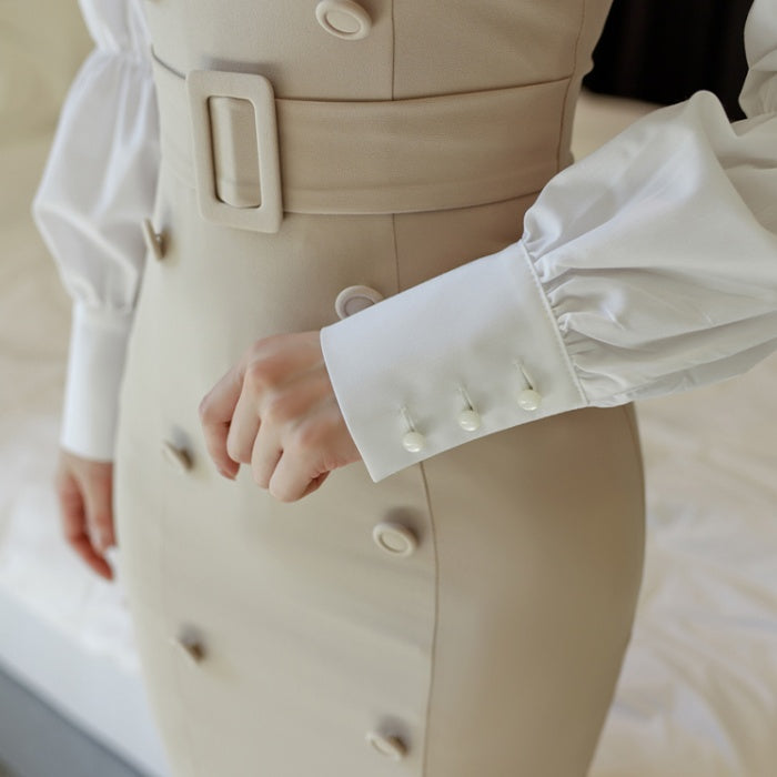 CM-DY027155 Women Casual Seoul Style Collar Neckline Long Sleeve Double Breated Midi Dress