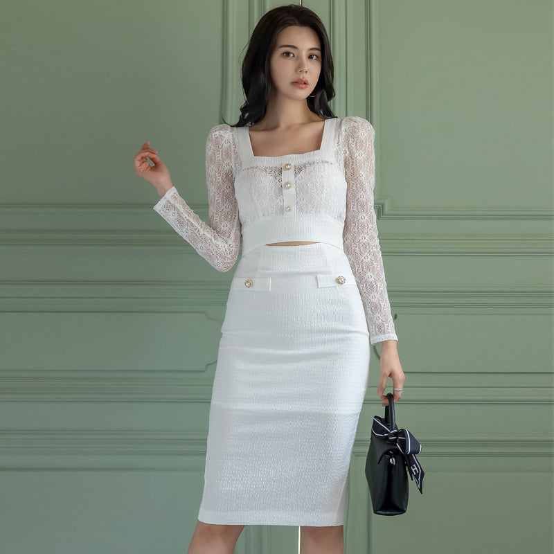 CM-DY027168 Women Casual Seoul Style Square Collar Long Sleeve Midi Dress - White