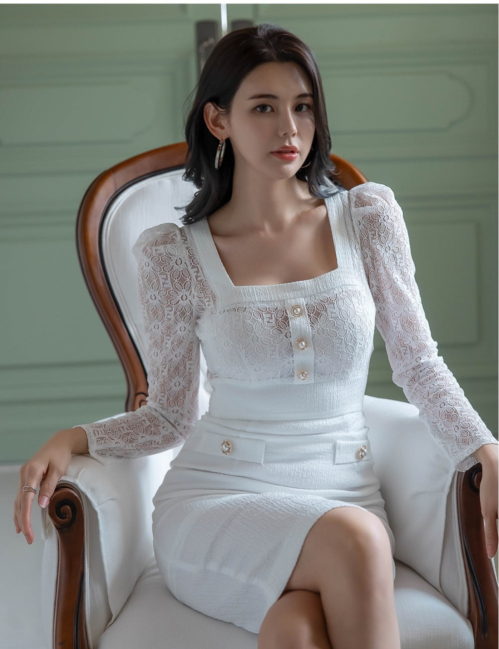 CM-DY027168 Women Casual Seoul Style Square Collar Long Sleeve Midi Dress - White