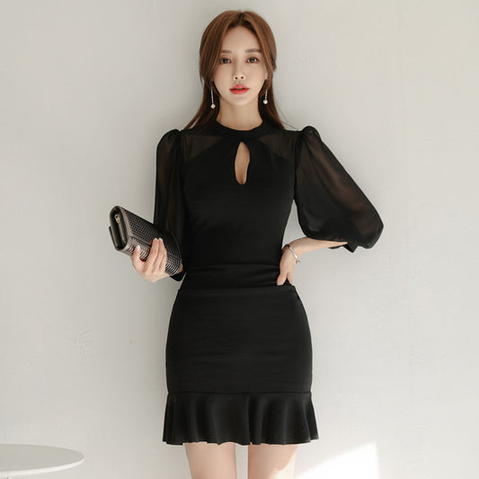 CM-DY027173 Women Elegant Seoul Style Round Neck Short Sleeve Mermaid Mini Dress - Black