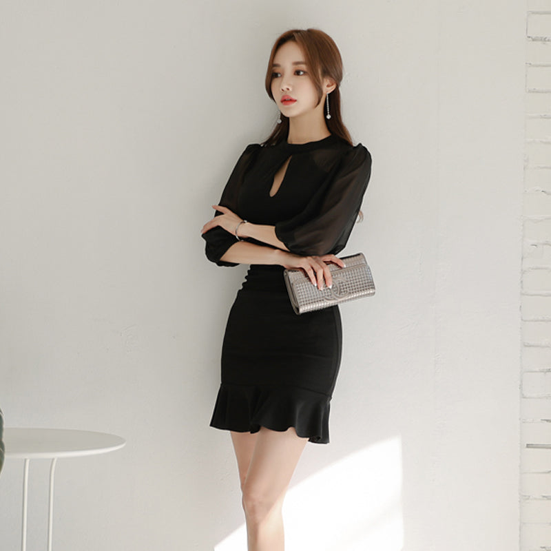 CM-DY027173 Women Elegant Seoul Style Round Neck Short Sleeve Mermaid Mini Dress - Black