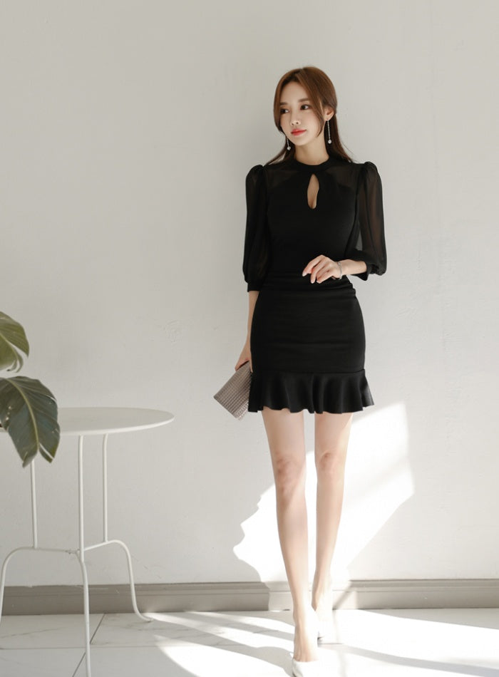 CM-DY027173 Women Elegant Seoul Style Round Neck Short Sleeve Mermaid Mini Dress - Black