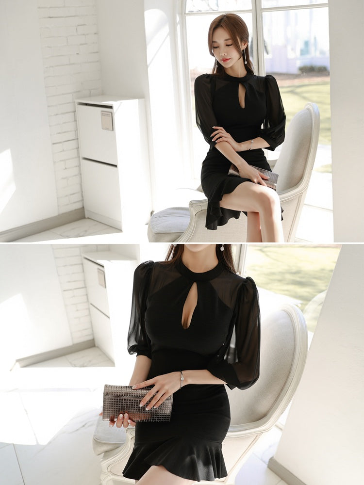CM-DY027173 Women Elegant Seoul Style Round Neck Short Sleeve Mermaid Mini Dress - Black