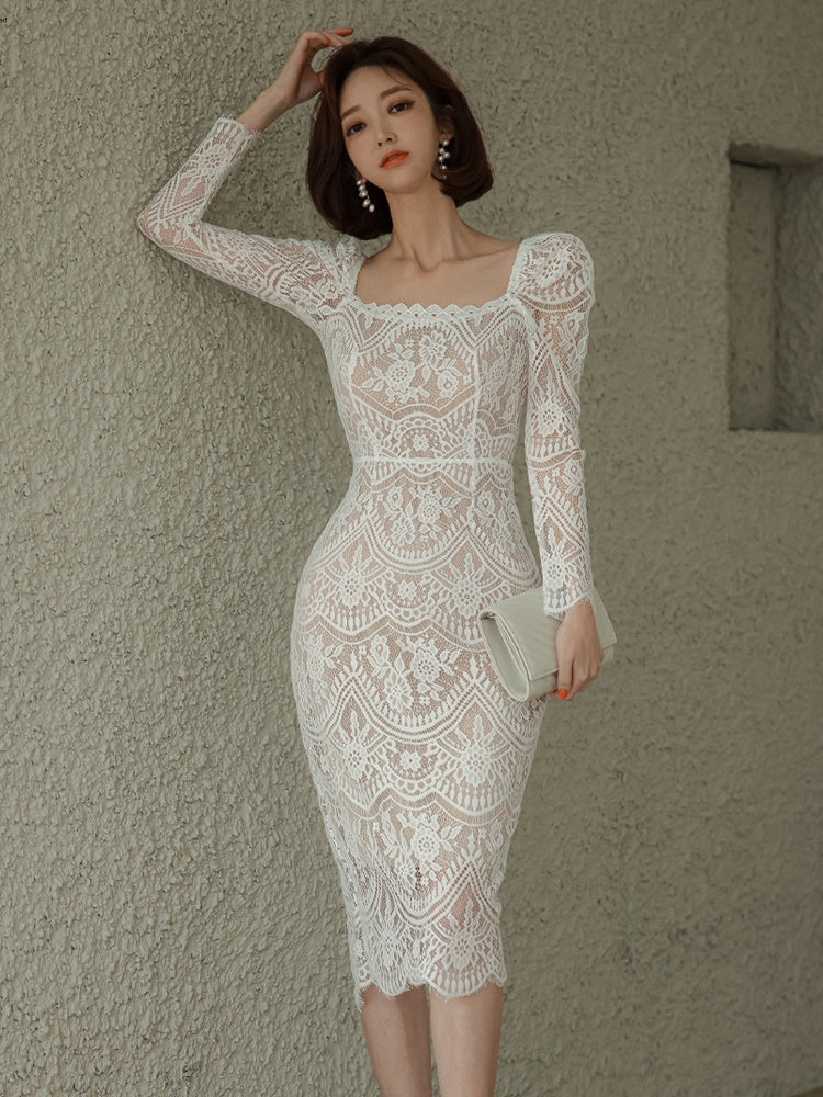 CM-DY027174 Women Elegnat Seoul Style Square Collar Long Sleeve Midi Dress (Available in 2 colors)