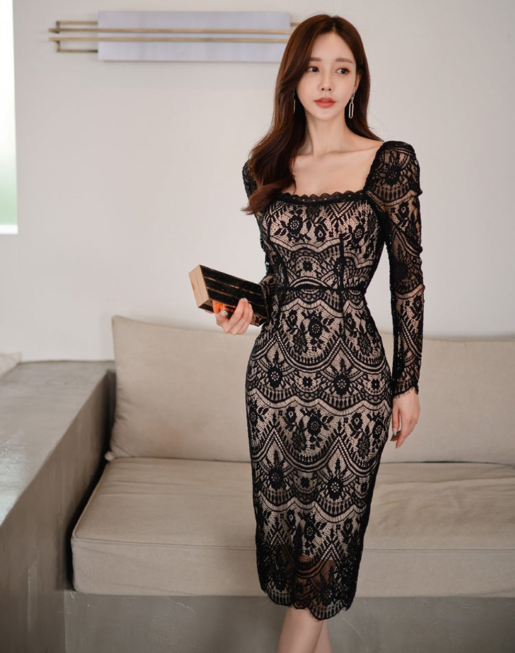 CM-DY027174 Women Elegnat Seoul Style Square Collar Long Sleeve Midi Dress (Available in 2 colors)