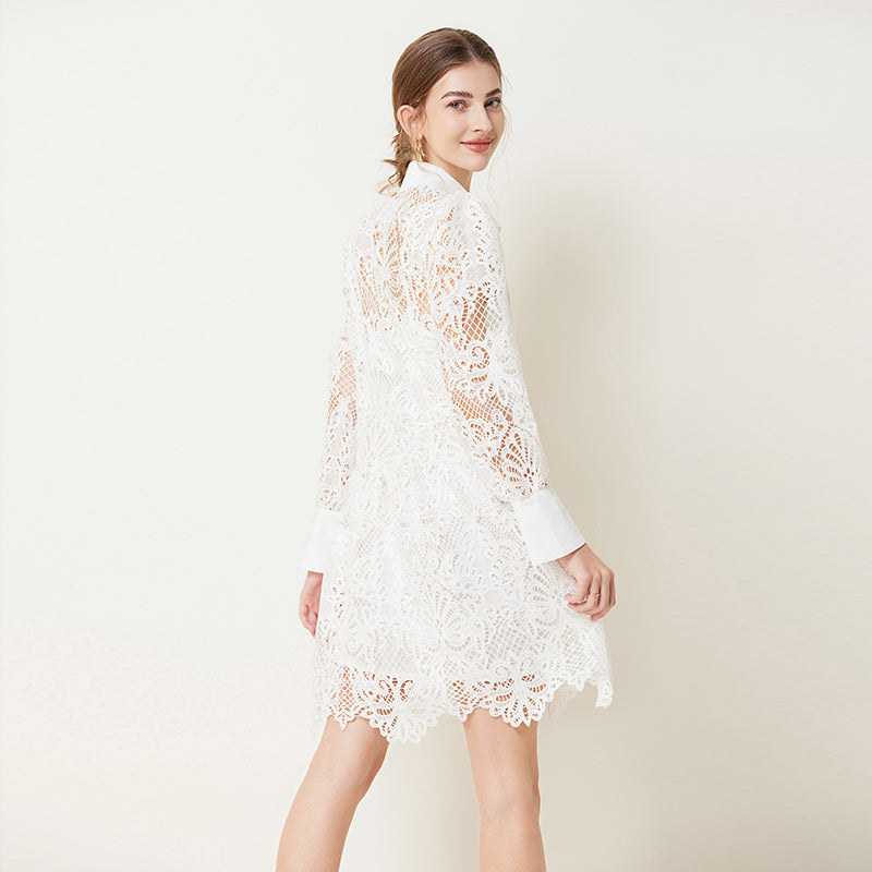 CM-DY027261 Women Elegant European Style Collar Neckline Long Sleeve Lace Mini Dress - White