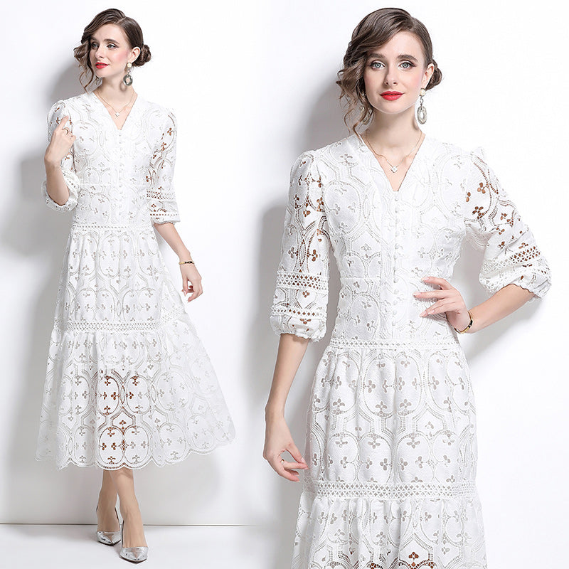 CM-DY027267 Women Elegant European Style V-Neck 3/4 Puff Sleeve A-Line Dress - White