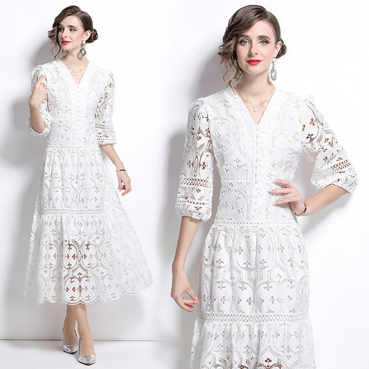 CM-DY027267 Women Elegant European Style V-Neck 3/4 Puff Sleeve A-Line Dress - White