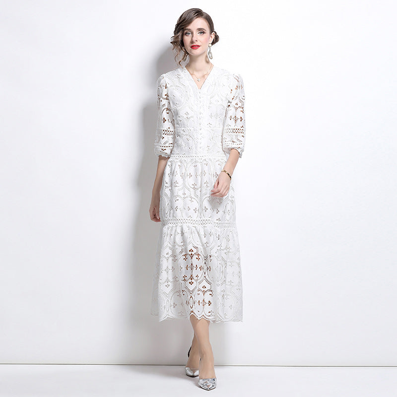 CM-DY027267 Women Elegant European Style V-Neck 3/4 Puff Sleeve A-Line Dress - White