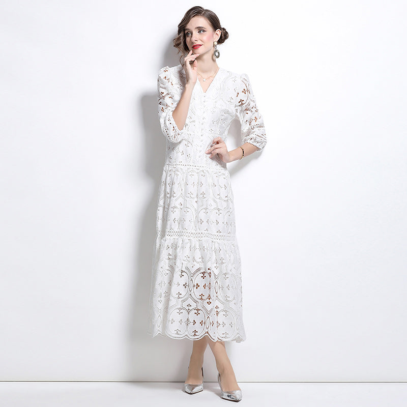CM-DY027267 Women Elegant European Style V-Neck 3/4 Puff Sleeve A-Line Dress - White