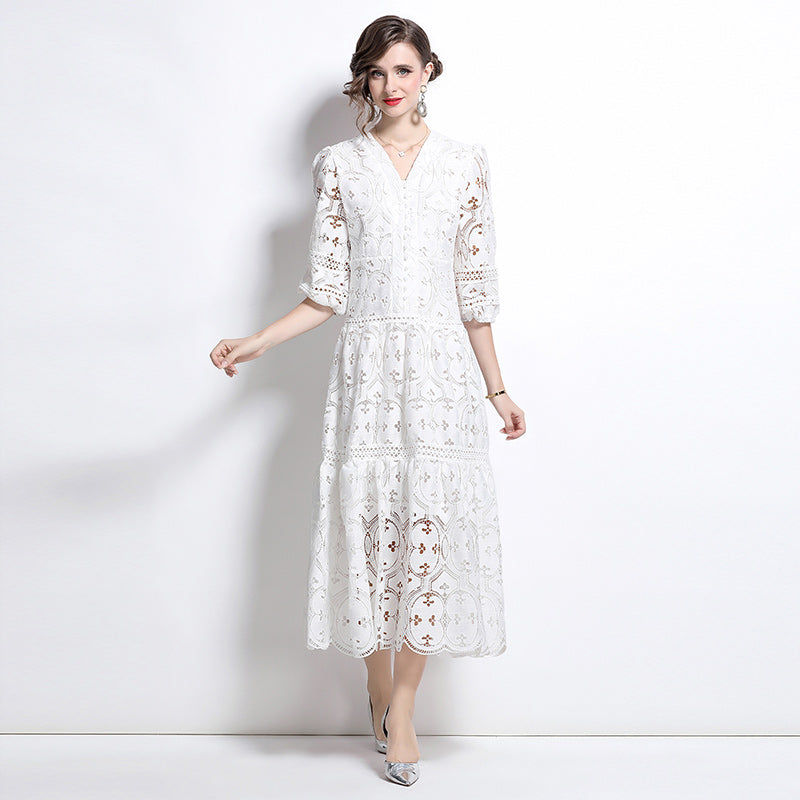 CM-DY027267 Women Elegant European Style V-Neck 3/4 Puff Sleeve A-Line Dress - White
