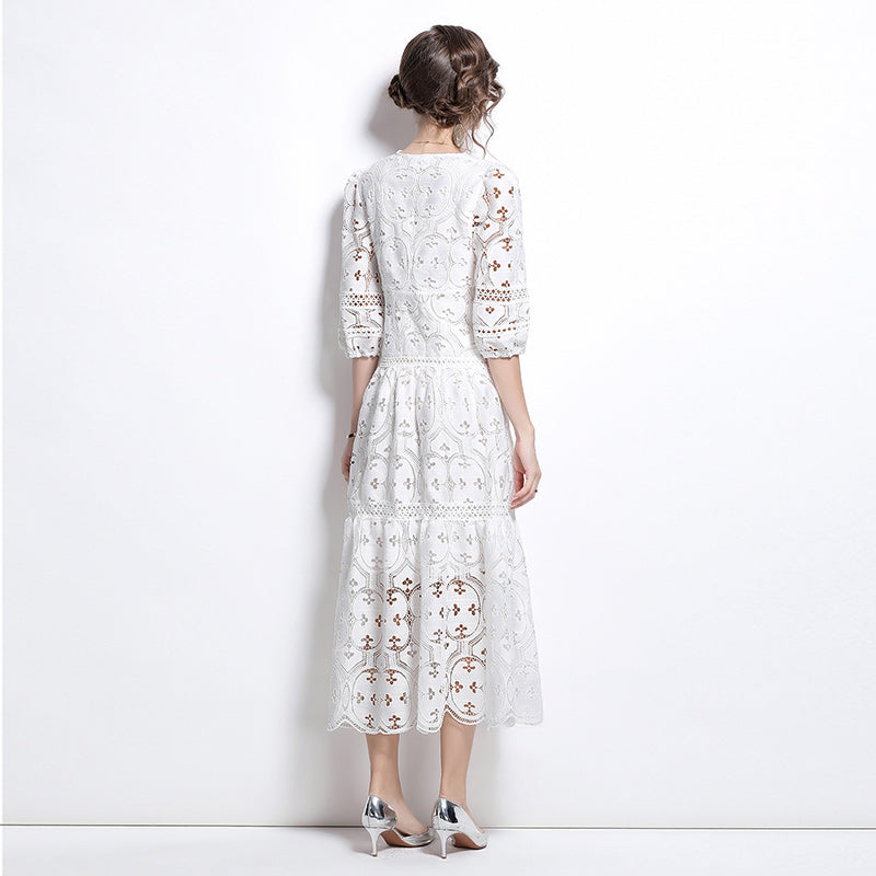 CM-DY027267 Women Elegant European Style V-Neck 3/4 Puff Sleeve A-Line Dress - White