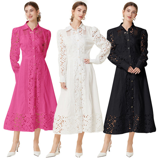 CM-DY027268 Women Elegant European Style Hollow Lace Lapel Long Sleeve Maxi Dress (Available in 3 colors)