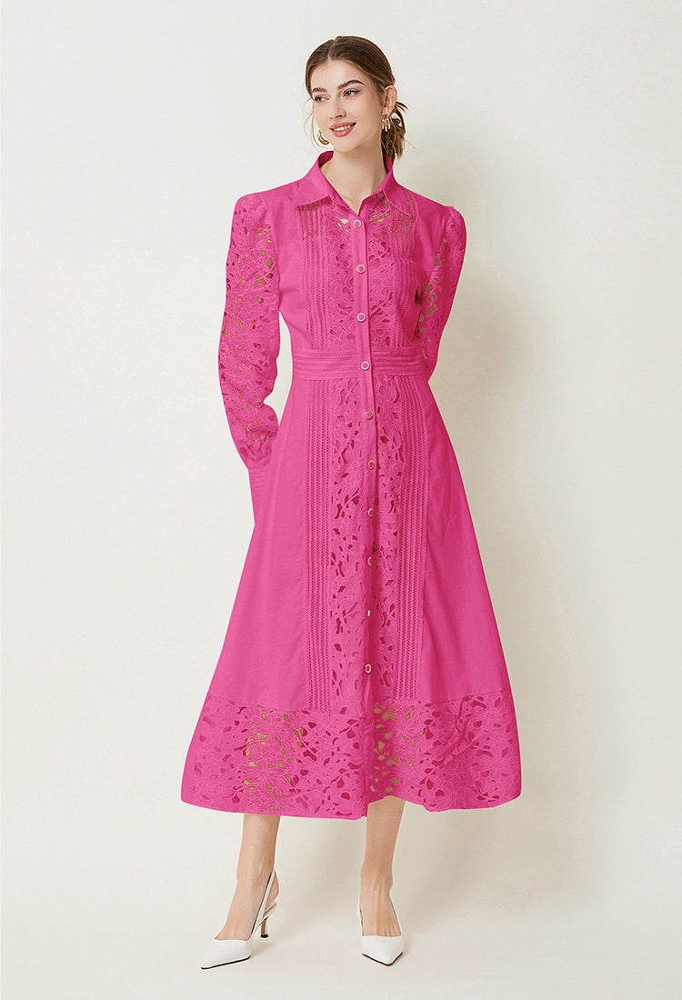 CM-DY027268 Women Elegant European Style Hollow Lace Lapel Long Sleeve Maxi Dress (Available in 3 colors)