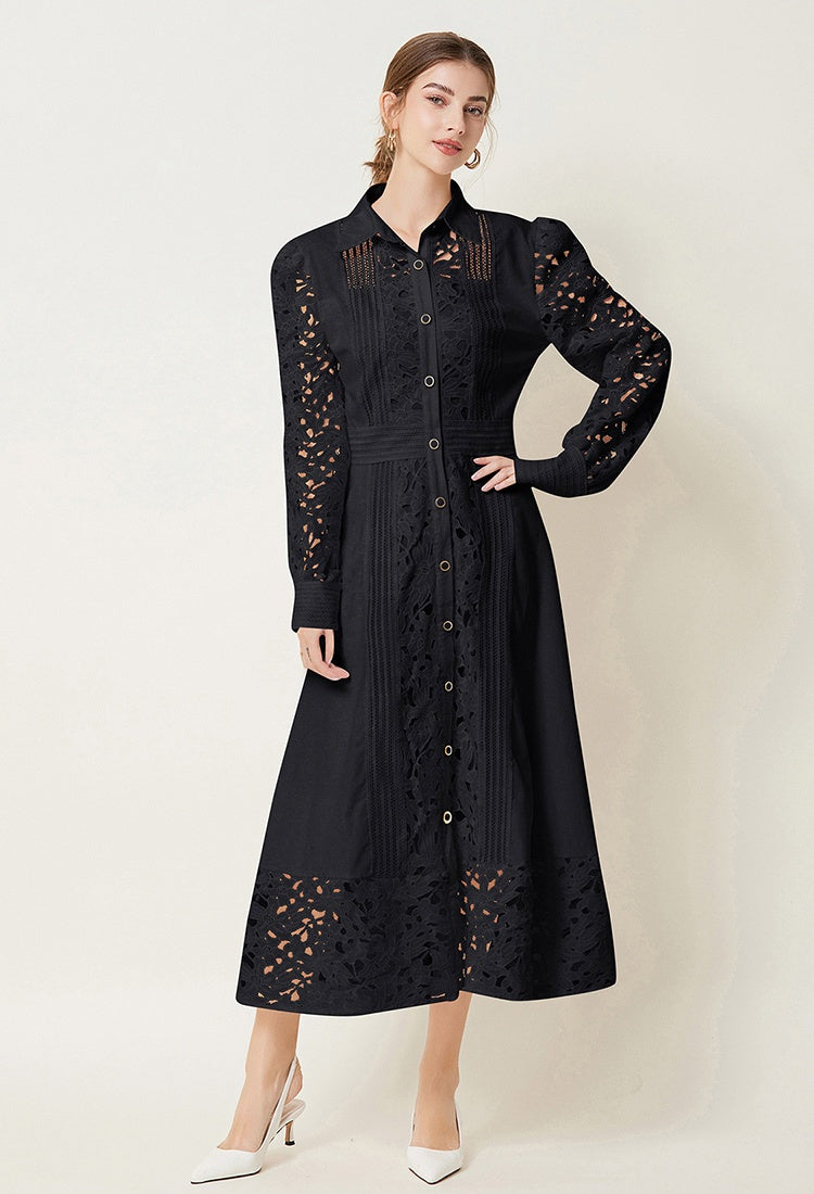 CM-DY027268 Women Elegant European Style Hollow Lace Lapel Long Sleeve Maxi Dress (Available in 3 colors)
