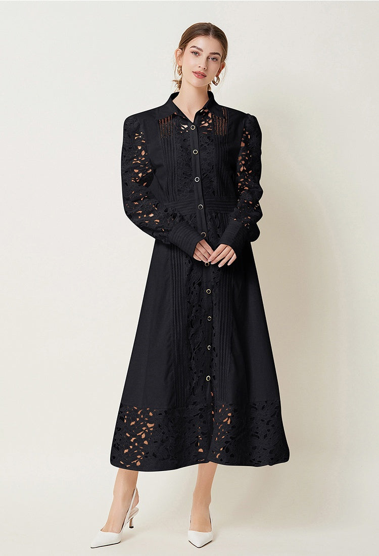 CM-DY027268 Women Elegant European Style Hollow Lace Lapel Long Sleeve Maxi Dress (Available in 3 colors)