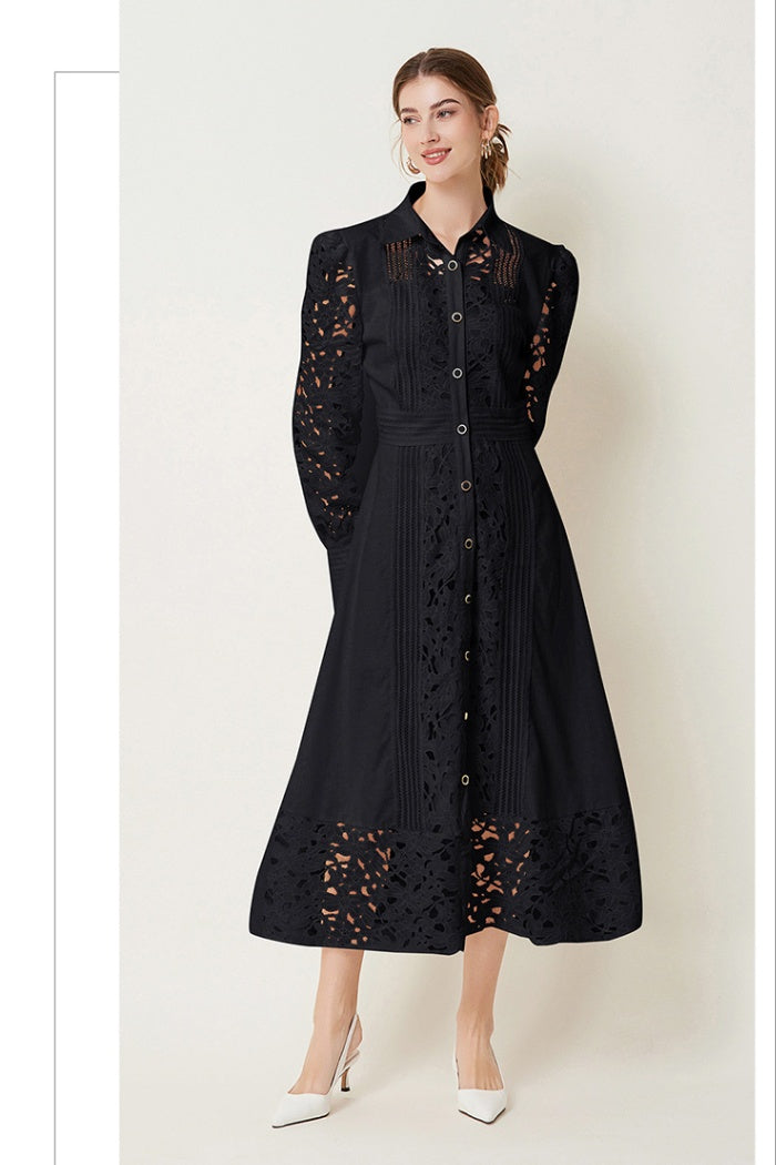 CM-DY027268 Women Elegant European Style Hollow Lace Lapel Long Sleeve Maxi Dress (Available in 3 colors)