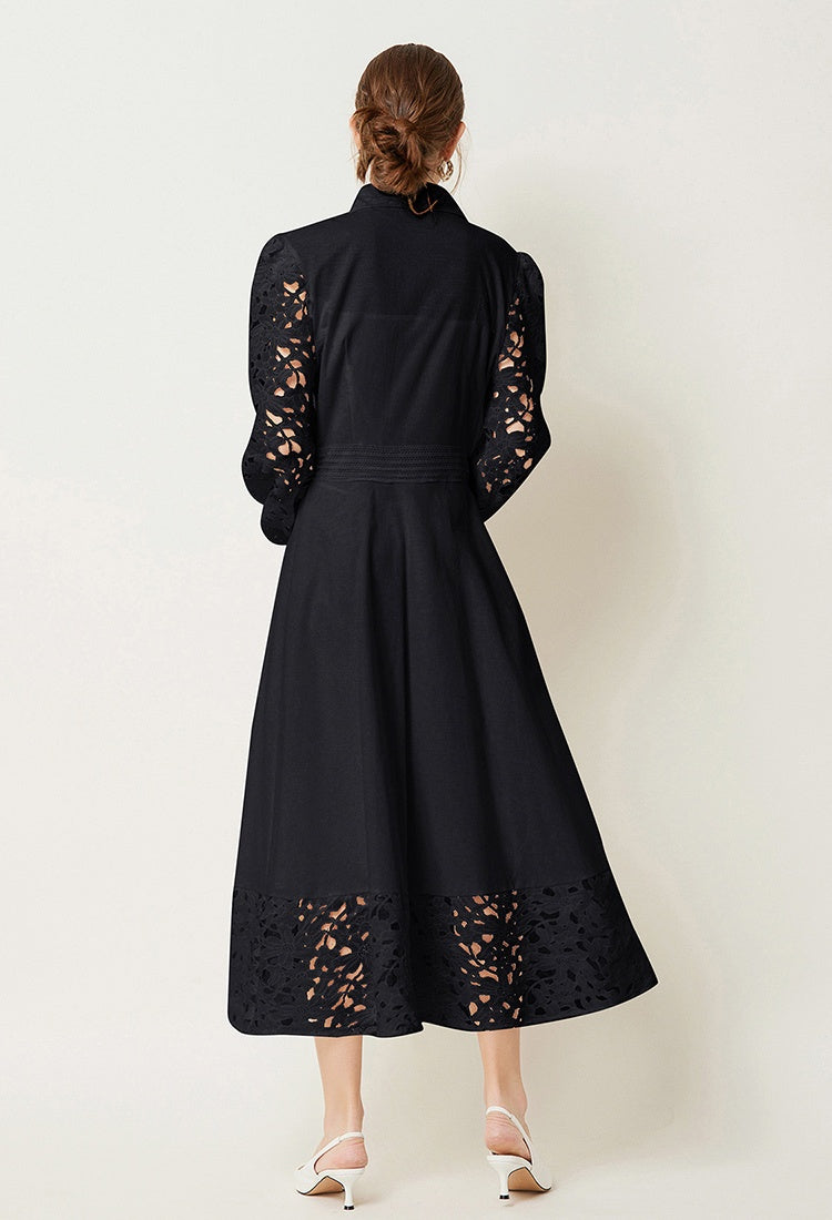 CM-DY027268 Women Elegant European Style Hollow Lace Lapel Long Sleeve Maxi Dress (Available in 3 colors)