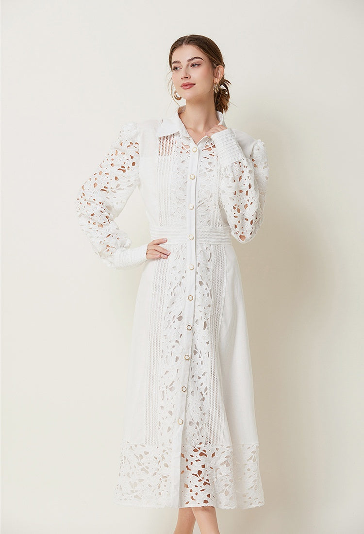 CM-DY027268 Women Elegant European Style Hollow Lace Lapel Long Sleeve Maxi Dress (Available in 3 colors)