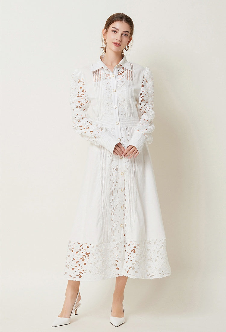 CM-DY027268 Women Elegant European Style Hollow Lace Lapel Long Sleeve Maxi Dress (Available in 3 colors)